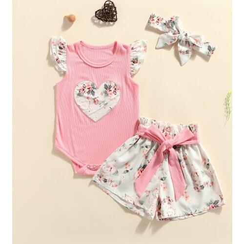 Three Piece Baby Girl’s Clothes Fresh Heart Fly Sleeve Romper and Flower/Leopard Shorts with Headband