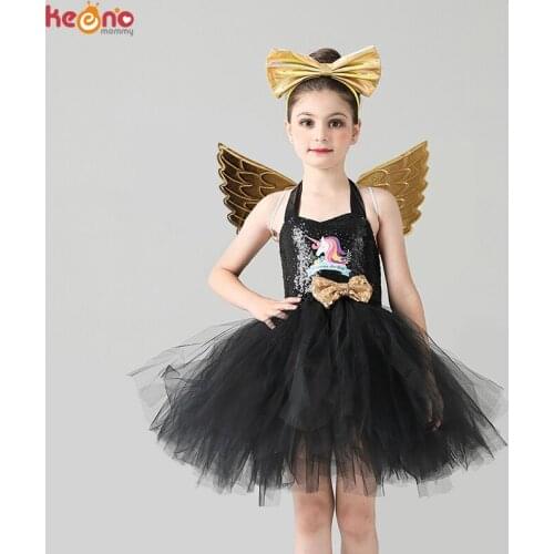Girls Sequin Unicorn Tutu Dress Kids Black Pony Unicorn Halloween Birthday Party Costume Little Child Unicorn Dress Up Clothing