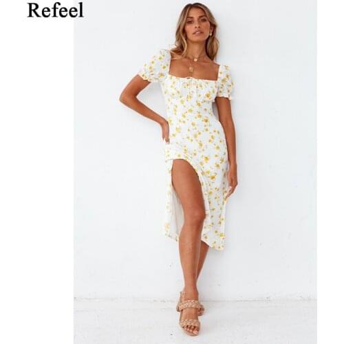 Holiday Yellow Floral Print Summer Vestidos Retro Square Collar Dresses Slim Vintage Midi Women Dress