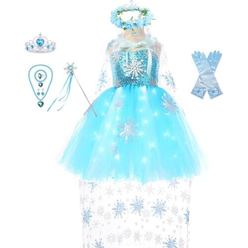 Princess Girls Sequins Blue Tutu Dress with LED Lights Children Halloween Christmas Party Glowing Dresses for Girl Mermaid Frock