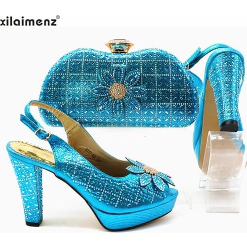 Sky Blue Italian Style Rhinestone Wonderful Sandals With Matching Bag Set High Quality Fashion Style Pumps Party Shoes And Bag