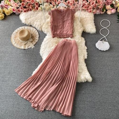 2021 summer womens new fashion gentle wind round neck chiffon shirt high waist slimming pleated skirt two-piece long skirt s621