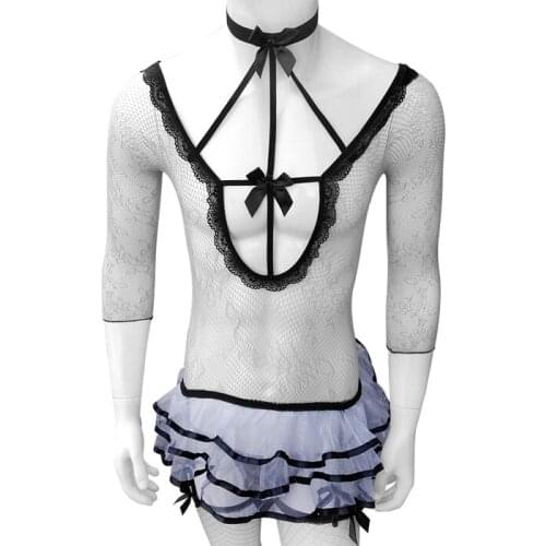 Fishnet See Through Sissy Dress Sets Mens Sexy Skirts Lingerie Exotic Adult Costume Nightwear Sleepwear Suspenders With Socks