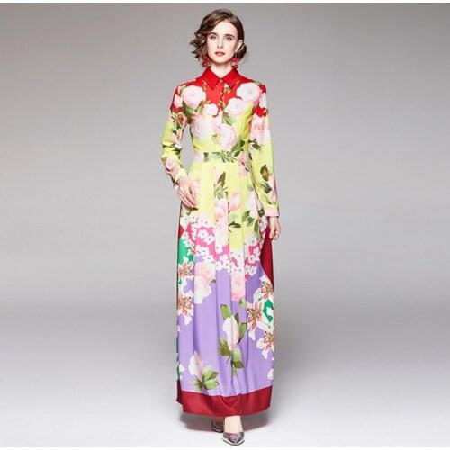 2021 Autumn Maxi Dresses Womens long Sleeve turn down collar High Waist Pleated Flowers Print dress Vestidos