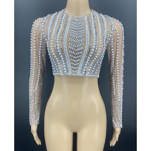 White Pearls Silver Stones Mesh T-shirt Costume Birthday Dance Transparent Female Singer Show Celebrate Top Wear YOUDU