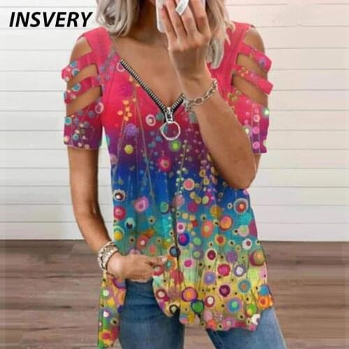 Plus Size Women Shirt Short Sleeve Blouse Shirts Women Fashion Print V-Neck Zipper Hollow Out Summer Shirt Loose Casual Lady Top