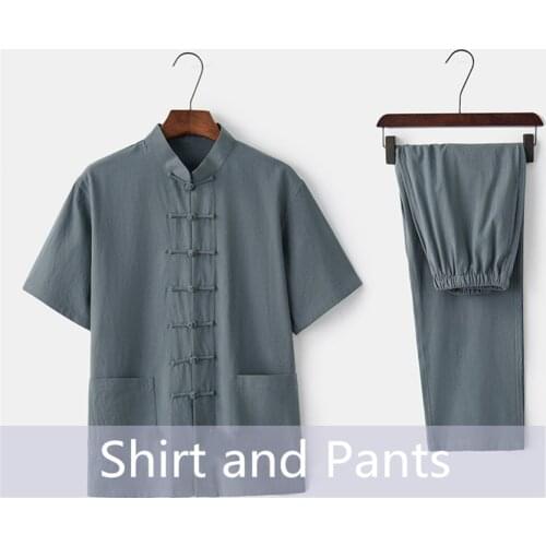 Chinese Traditional Clothing Set Man Summer Linen Buckle Kung Fu Shirt Oriental Retro Top Pants Tai Chi Breathable Uniforms