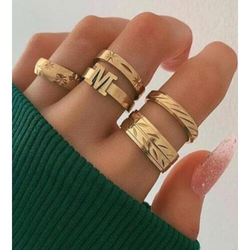 HuaTang 5pcs Fashion Letter Rings Set Gold Color Metal Knuckle Finger Rings for Women Girls Initial Jewelry anillos mujer 9733