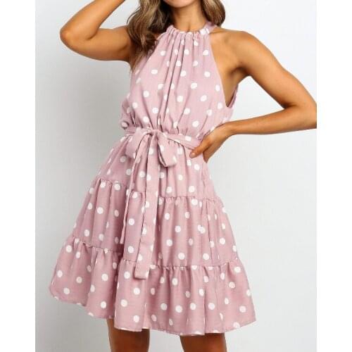 Summer women fashion loose halter style polka dot print sleeveless belted casual dress
