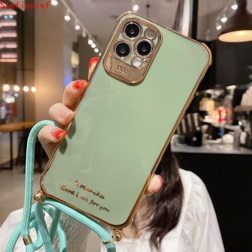 Plating Edge Solid Phone Case for OPPO Reno 2 3 4 Pro A9 2020 F11 A11 K1 R15X Necklace Cord Chain Hanging Rope Crossbody Cover