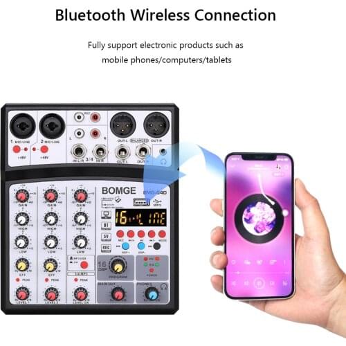 4 Channels Audio Sound Mixer Mixing DJ Console USB Record Sound Card with 48V Phantom Power 16DSP Effects for KTV