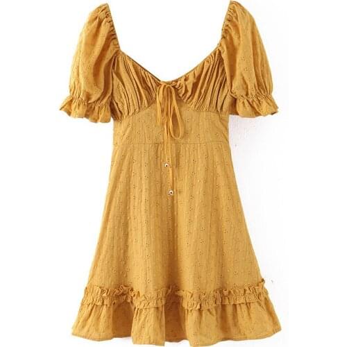 JC·KILIG French Style Small Bubble Sleeve Drawstring Lace Up Dress Sweet Ruffle Skirt DP9269