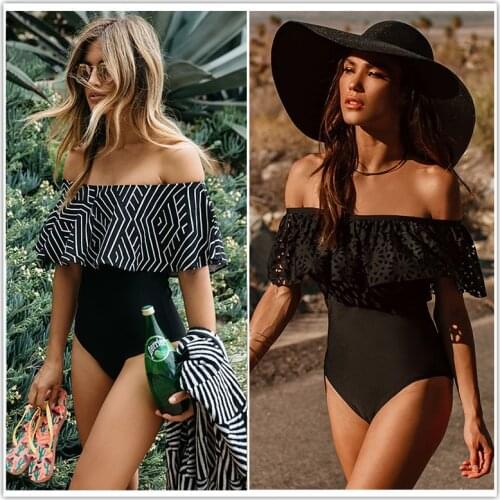 2021 New Sexy Off The Shoulder Solid Swimwear Women One Piece Swimsuit Female Bathing Suit Ruffle Monokini Swim Wear XL