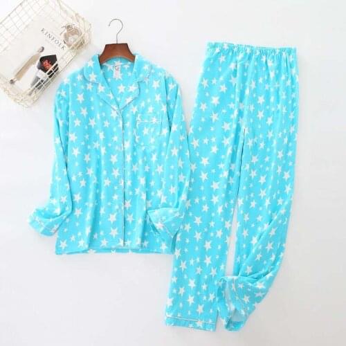 2020 Autumn Winter New Ladies Pajamas Set Sky Blue Sleepwear Star Printed Homewear Long Sleeve+Pants Comfort Cotton Casual Wear