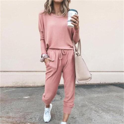 New Autumn Spring Pyjamas Women Solid Loose 2pcs Pajama Set Long Sleeve O-neck Sleepwear Drawstring Elastic Lounge Wear Pijamas