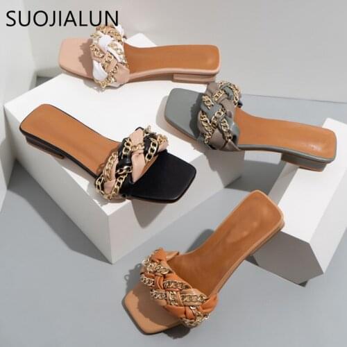 SUOJIALUN New Fashion Weave Slipper Open Toe Sandal Shoes Square Low Heel Slides Summer Outdoor Beach Flip Flop Big Size 42