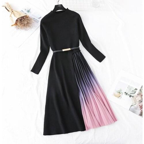 Autumn Winter High Quality Knitted Dress Women High Waist O-neck Slim Sweater Dresses Vintage Long Sleeve Warm Pleated Dress