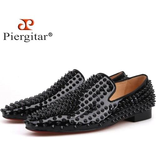 Piergitar 2017 new Handmade loafers with black rivets Fashion party and prom mens smoking slippers Plus size male flats