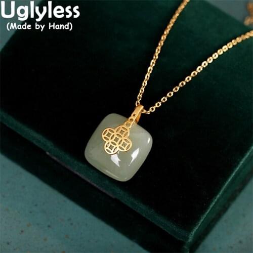Uglyless China Antique Coins Cross Pendants for Women Natural Jade Square Gemstones Necklaces 925 Silver Ethnic Jewelry NO Chain