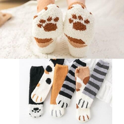 Thick Socks Winter Fuzzy Fluffy Terry Warm Socks for Girls Animal Claws Coral Velvet Sock Striped Cartoon Ladies Cute Socks