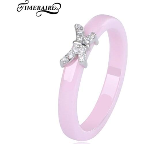 Thin Fashion Finger Rings With Bling Silver Shine Butterfly Simple Style Pink White Color Smooth Ceramic Ring For Women Jewelry