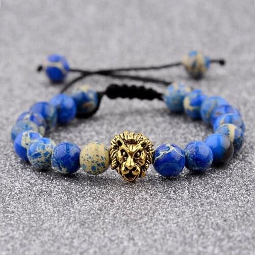 Vintage Lion Head Charm Bracelet 8mm Natural Lava Stone Agate Beads Bracelet Men Fashion Jewelry Men Accessories Gift