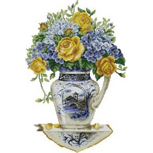 Yellow Roses, Vase Flowers Needlework Cross stitch for Embroidery kits,14CT unprinted Patterns Cross-Stitching,DIY Handmade