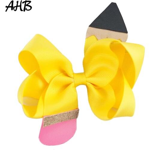AHB 4.5" Back to School Solid Hair Bows for Girls Pencil Print Ribbons Barrettes Hair Clips Students Hairgrips Hair Accessories