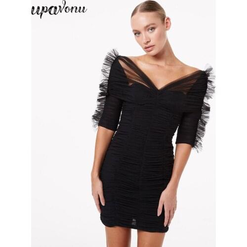 Free Shipping High Street Womens Black Tulle Draped Dress 2021 New Fashion Sexy V-neck Short Sleeve Bodycon Club Party Vestidos