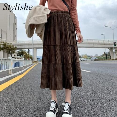 Winter Brown Pleated Skirt Harajuku Ruffle Black Velvet Skirts Women Autumn Korean Fashion High Waisted Long Midi Skirt Students
