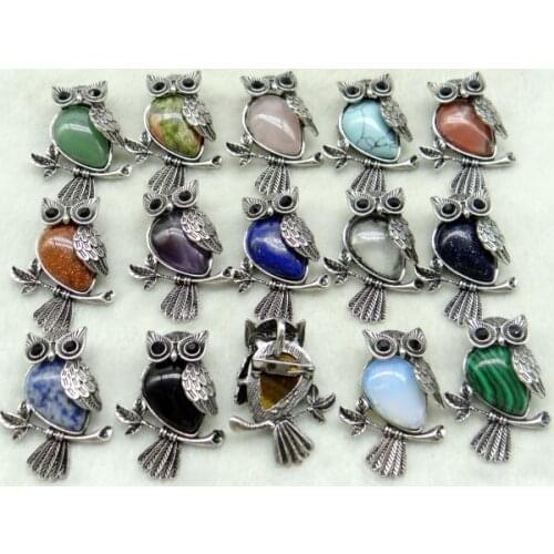 Vintage Natural stone mix tiger eye Opal lapis crystal animal Owl Archaize silver brooch Pendant Jewelry making 10pcs F2