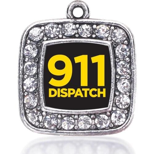 911 DISPATCH SQUARE CHARM ANTIQUE SILVER PLATED CRYSTAL JEWELRY