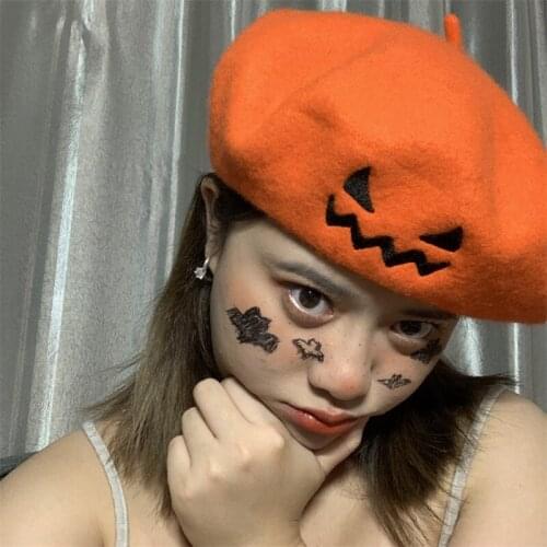 Unisex Grimace Embroidery Beret Halloween Pumpkin Black Winter Warm Wool Winter Beanie Hats For Women Artist Boina Caps Men Gift