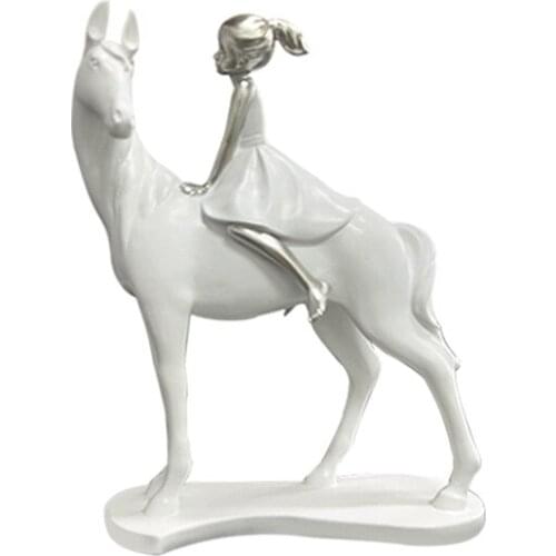 Home Figurines For Interior Home Decoration Accessories Room Decor Sculpture Little Girl Riding A Horse Ponytail White Sculpture