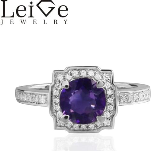 Leige Jewelry Natural Amethyst Ring Color Changing Gems Round Cut Gemstone 925 Sterling Silver Halo Ring for Women