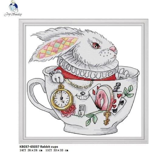 Teacup Rabbit Patterns,Printed on Fabric DMC Cotton Thread 14CT 11CT Cross Stitch kits,Embroidery Needlework Sets Home Decor