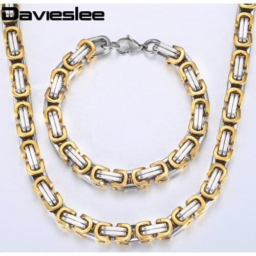 Davieslee Jewelry Set For Men Stainless Steel Bracelet Necklace Set Gold Silver Color Byzantine Box Chain Jewelry 8mm LKS03