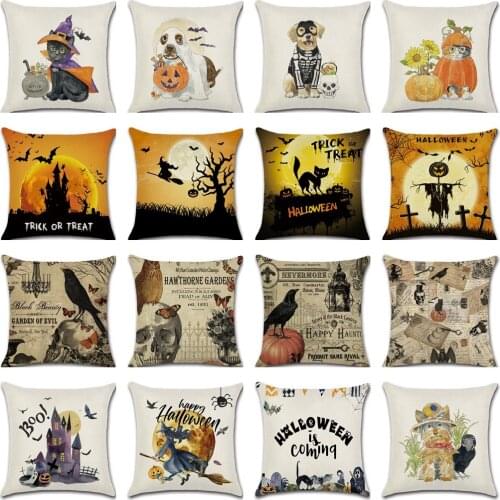 Halloween Crow Dog Cushion Cover Retro Horror Castle Cat Print Witch Pillow Cases Home Decor Linen Car Cojines Pillow Covers