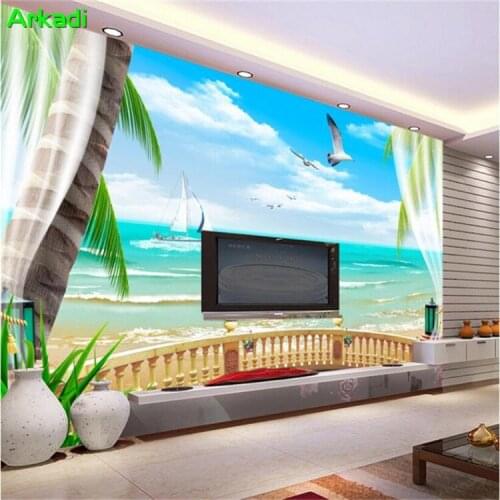 Custom Photo Wallpaper 3D Mediterranean Seascape Fake Windows Balcony 3D Space Landscape Living Room Sofa 3D Mural