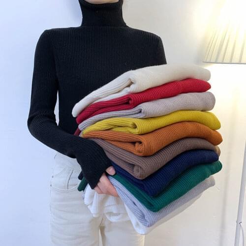 Turtleneck Pullover All-Match Autumn And Winter Womens New Slim Pure Color Simple Striped Sweater Plus Size Vestidos De Muje