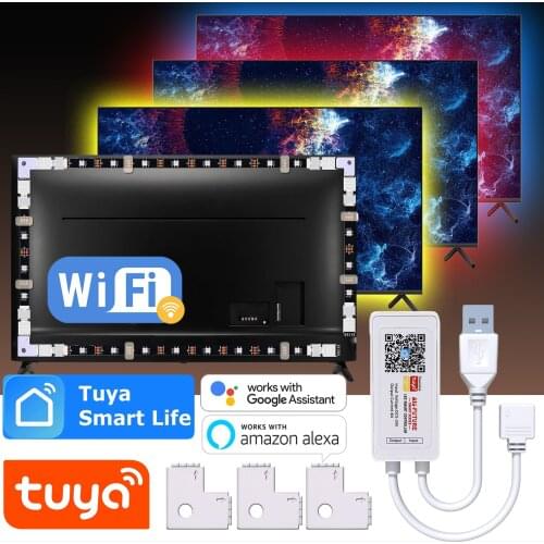 WIFI RGB Light Strip For TV Backlight with 90 Degrees Connectors 5V USB TUYA Smart Life 5050 LED Strip For LG Sony Samsung