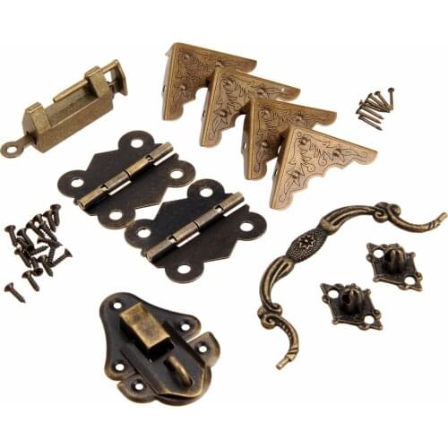 Antique Wooden Box Latch Hasp+Pull Handle Knob+Cabinet Hinges+Corner Protector+Old Chinese Lock Chinese Furniture Hardware Set