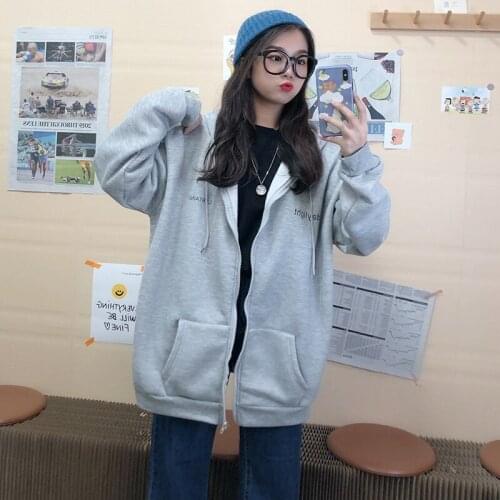 Harajuku with Hat Hoodies Women Zipper Kangaroo Pocket Casual Loose Solid Color Sweatshirt Female Fashion Tops Jogging Femme