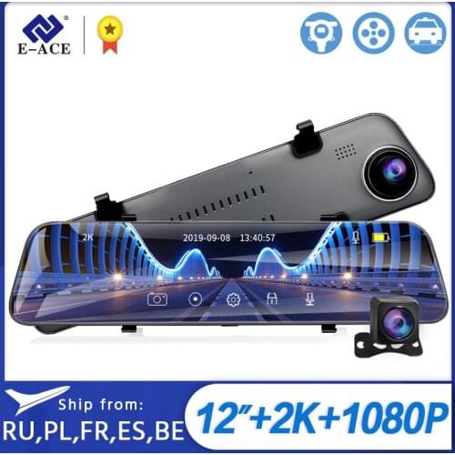 Dropshipping E-ACE A38 Car Dvr 2K+GPS Stream Media Dash Cam 12 Inch Night Vision Auto Registrar Dual Lens Rearview Mirror