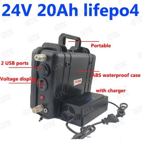 Waterproof lifepo4 24v 20Ah battery pack 2 USB ports lithium for 600w electric scooter ebike Solar energy Wheel Chair + charger