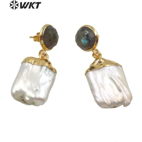 WT-MPE006 WKT Natural Pearl Earrings Labradorite & Pearl Gold Electroplated Pearl Earrings Fashion Jewelry Gift For Lady