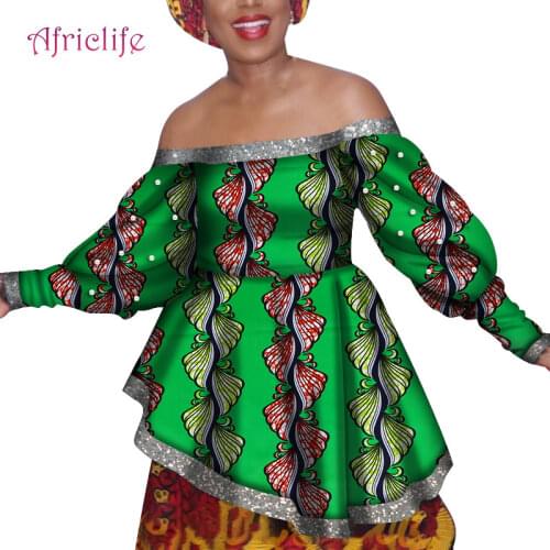 Female Blouse Glitter Collar Cuffs Clothes'Edge Special Design African Women Top Long Sleeve Withe-Pears Decoratioin WY6788