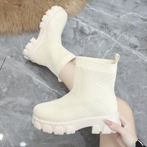 Women Platform Sock Boots 2021 Summer Autumn Ladies Breathable Short Ankle Boots Female Mid Heels Woman Comfort Shoes Plus Size