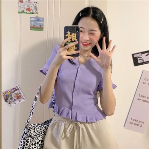 Woman TShirts Knitted Cardigan Coat Womens Summer 2021 Candy Color V-neck Short Sleeve Top Crop Top Mujer Camisetas