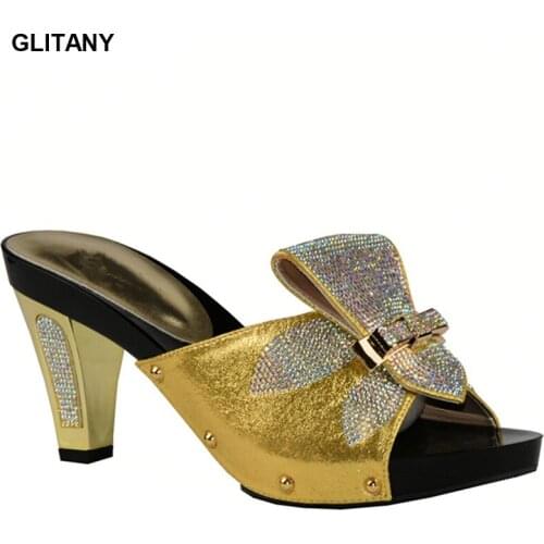 Gold Color Women Slippers Shoes African Women Wedding Shoes Elegant Italian Woman Shoes with Stone High Heels Woman Summer Pumps